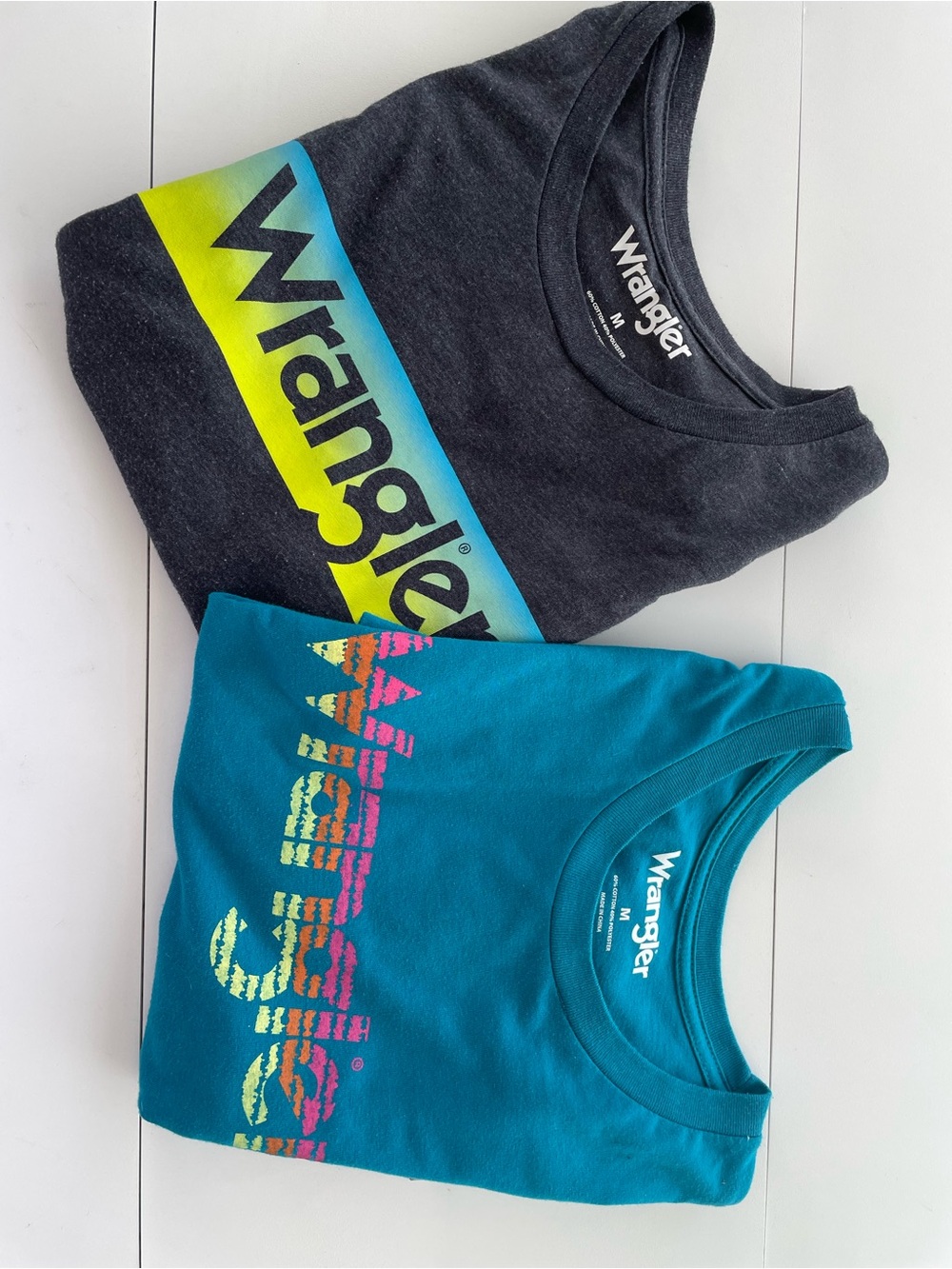 Two Wrangler lady's Tees in Teal and Charcoal with Logo, M
